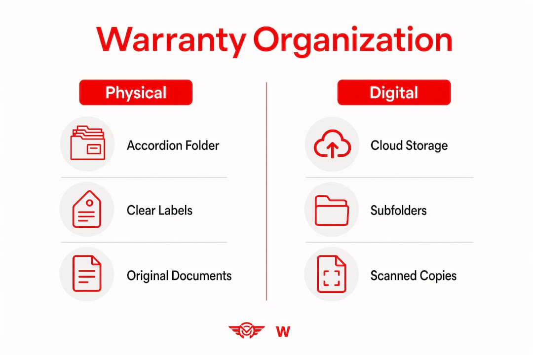 Infographic comparing physical and digital warranty organization methods
