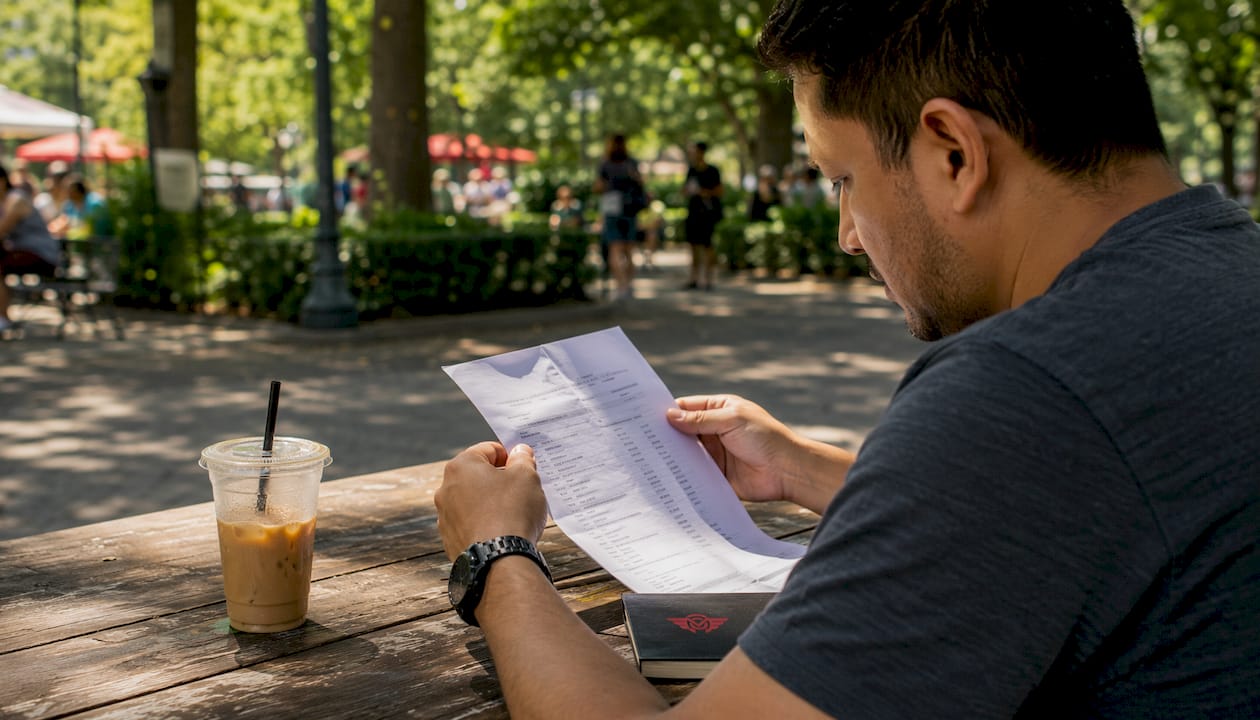 Hands holding windshield repair cost invoice inside café
