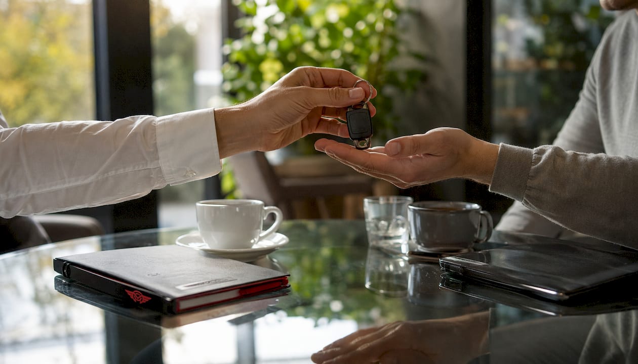 Hands exchanging car keys during sale transaction
