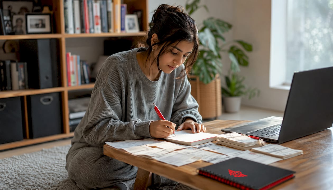 Woman organizing maintenance receipts on floor