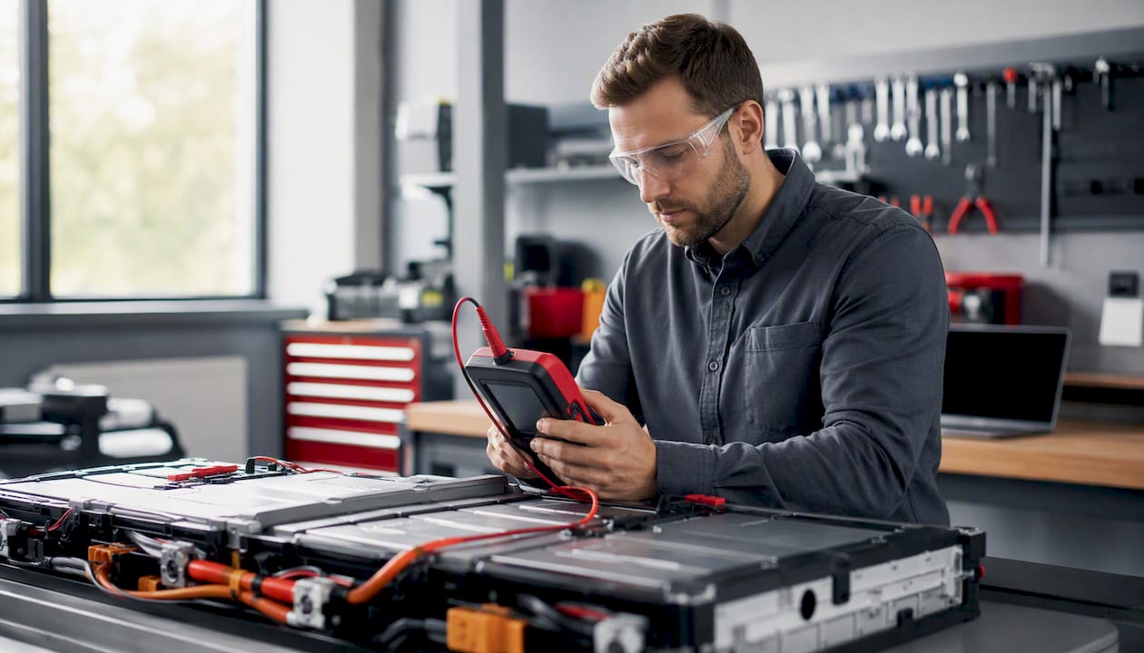 Hands testing EV battery health