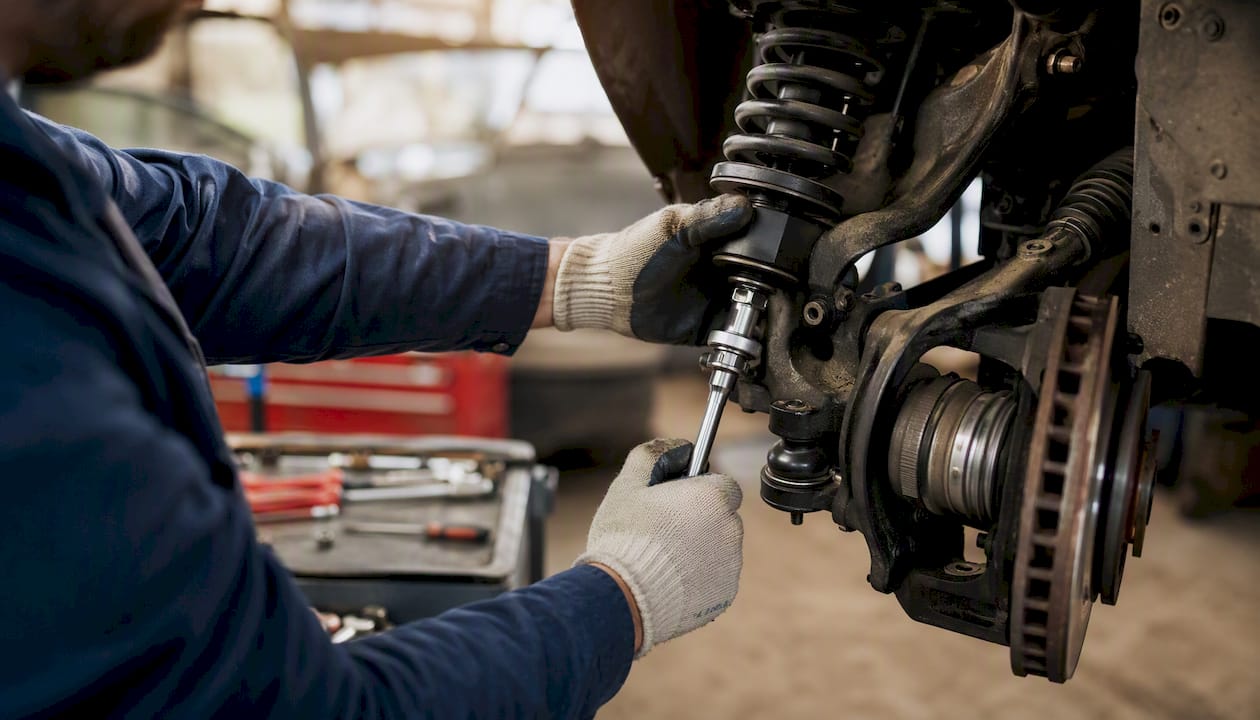 Mechanic hands repairing suspension part