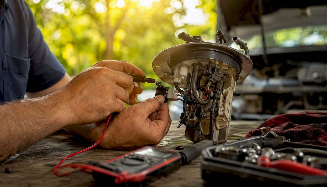 Hands testing fuel pump wiring in garage