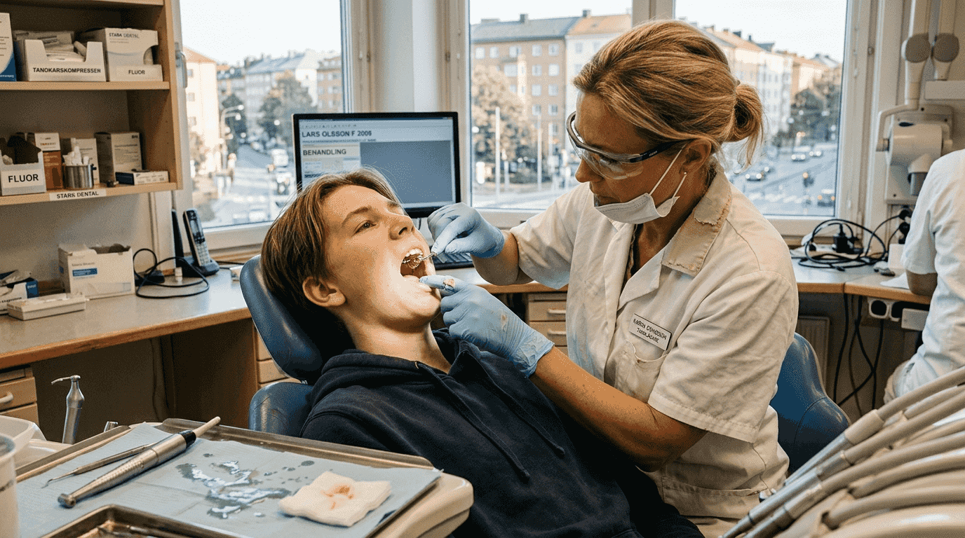 Tandläkaren justerar en gomskena på patienten.