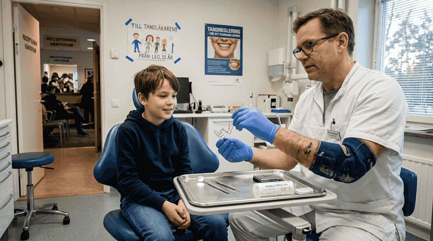 Tandregleraren förklarar hur en quad helix fungerar för en pojke.