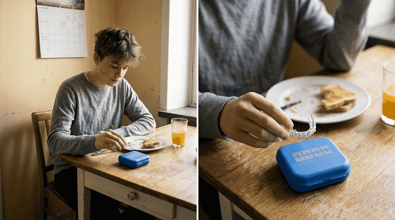 En tonåring tar ut sin tandställning innan frukosten.