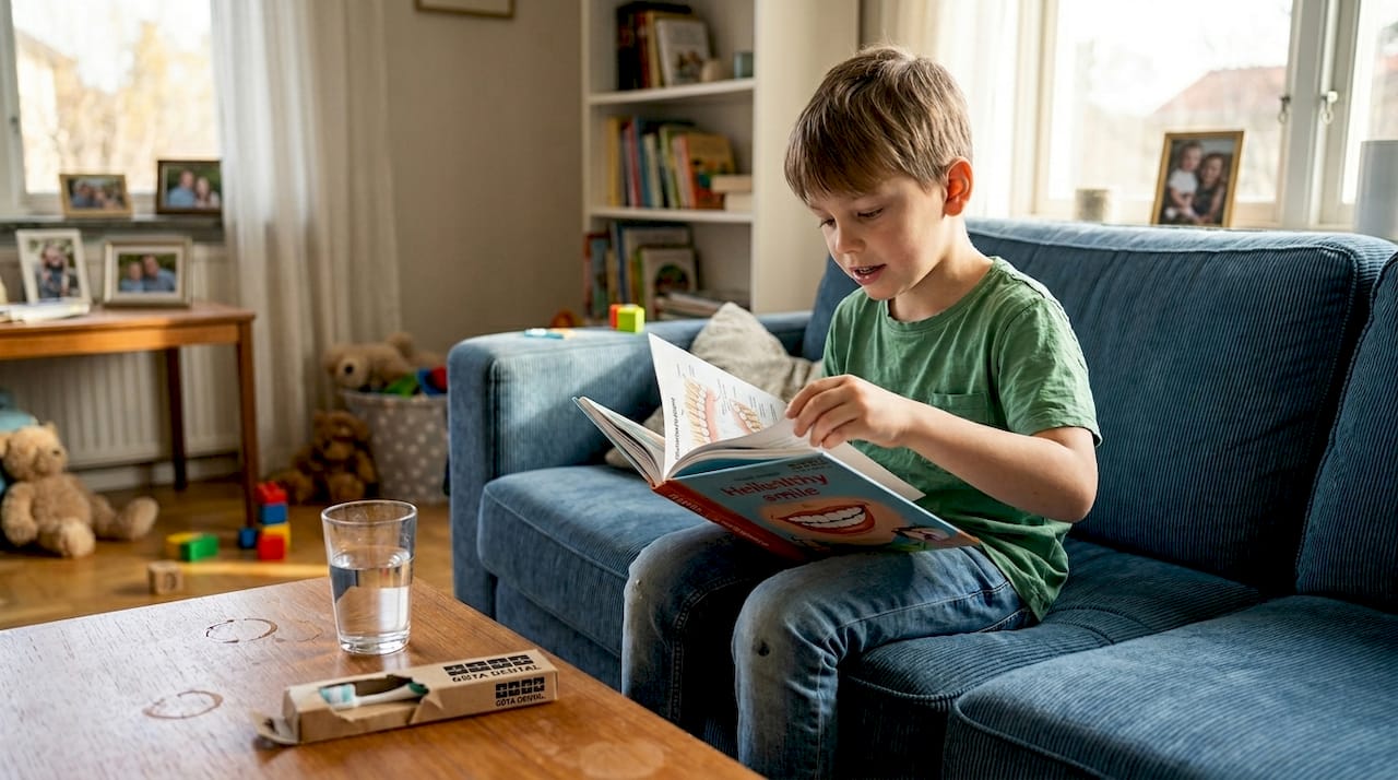En unge med tandställning sitter och läser i vardagsrummet.