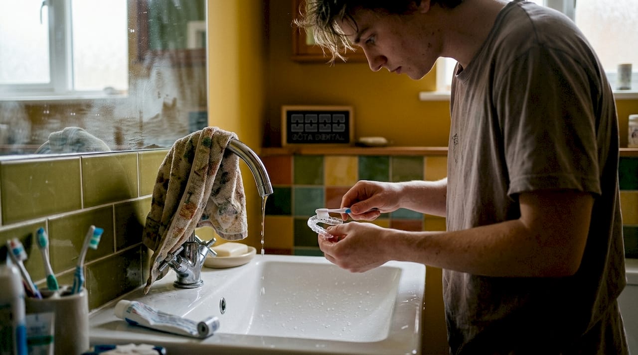 En person gör rent sin tandställning vid handfatet.