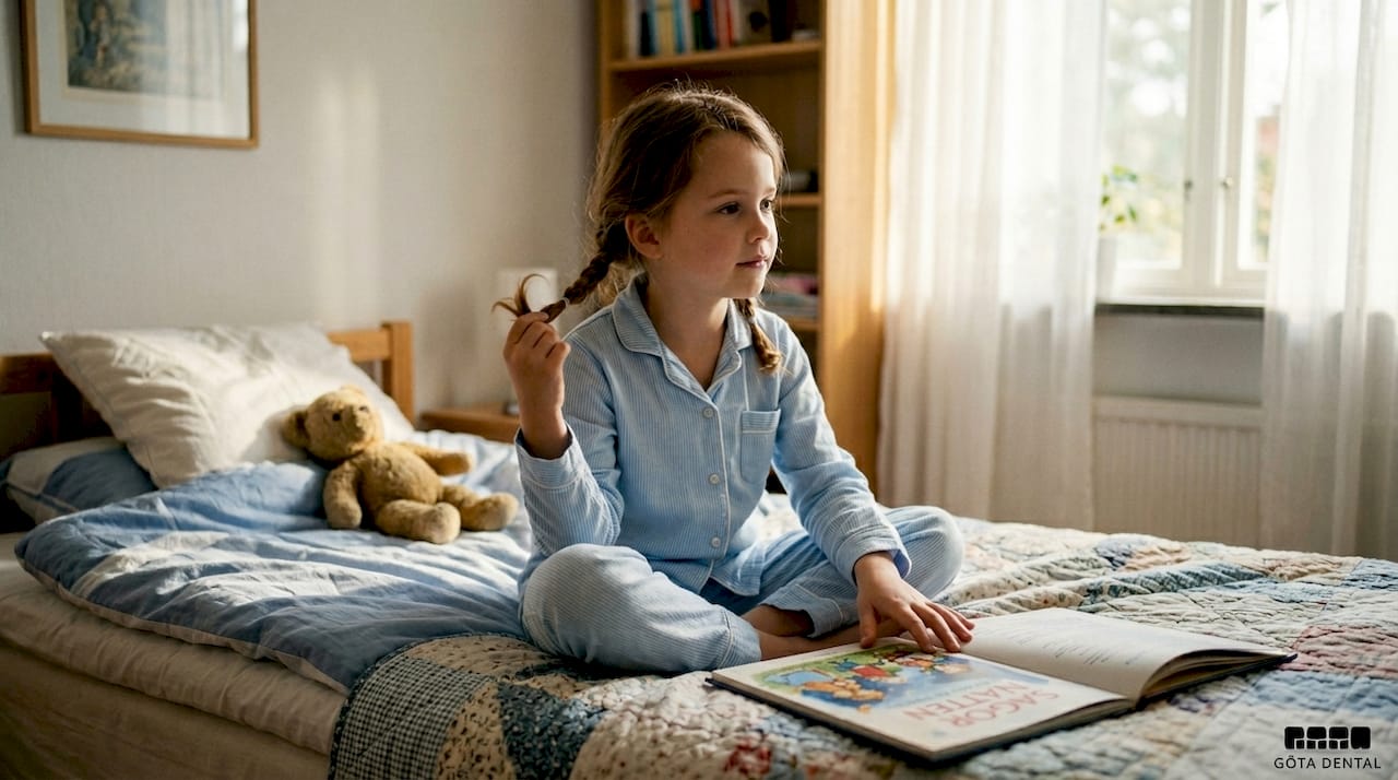 Flickan låter bli att suga på tummen när hon är i sitt rum.