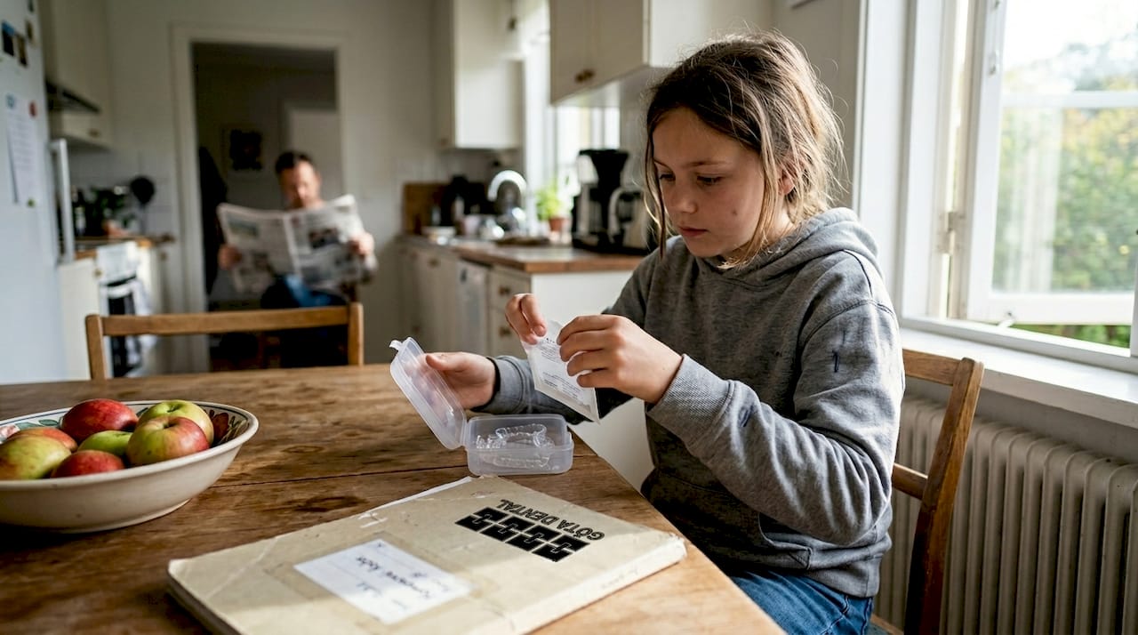 Barn använder plastskenor för tandreglering hemma på egen hand