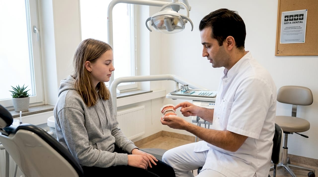 Tonåring diskuterar tandställning i keramik tillsammans med sin tandläkare