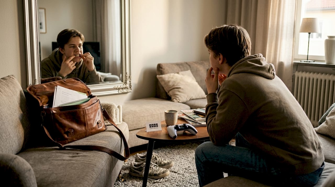 Tonåring granskar sitt underbett i spegeln