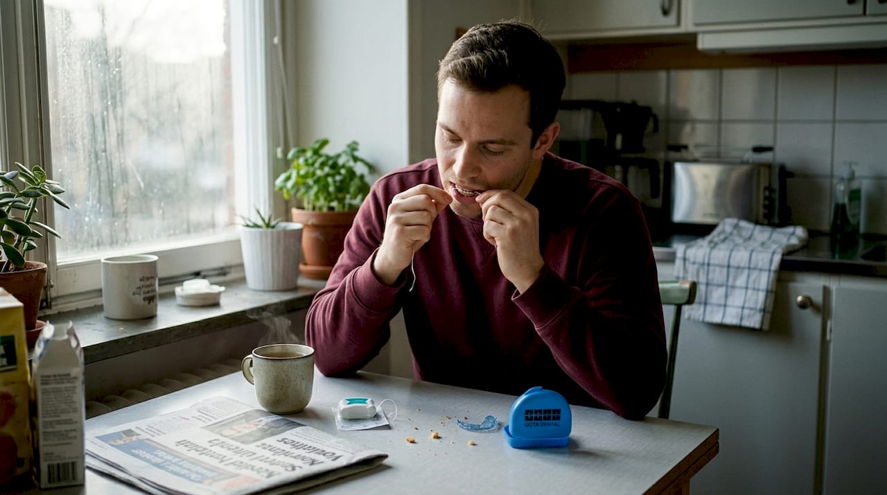 En man sitter vid köksbordet och trixar med tandtråden runt sin fastsittande tandställning.