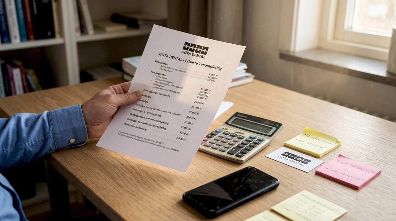 En hand håller upp en prislista för tandreglering över ett bord.