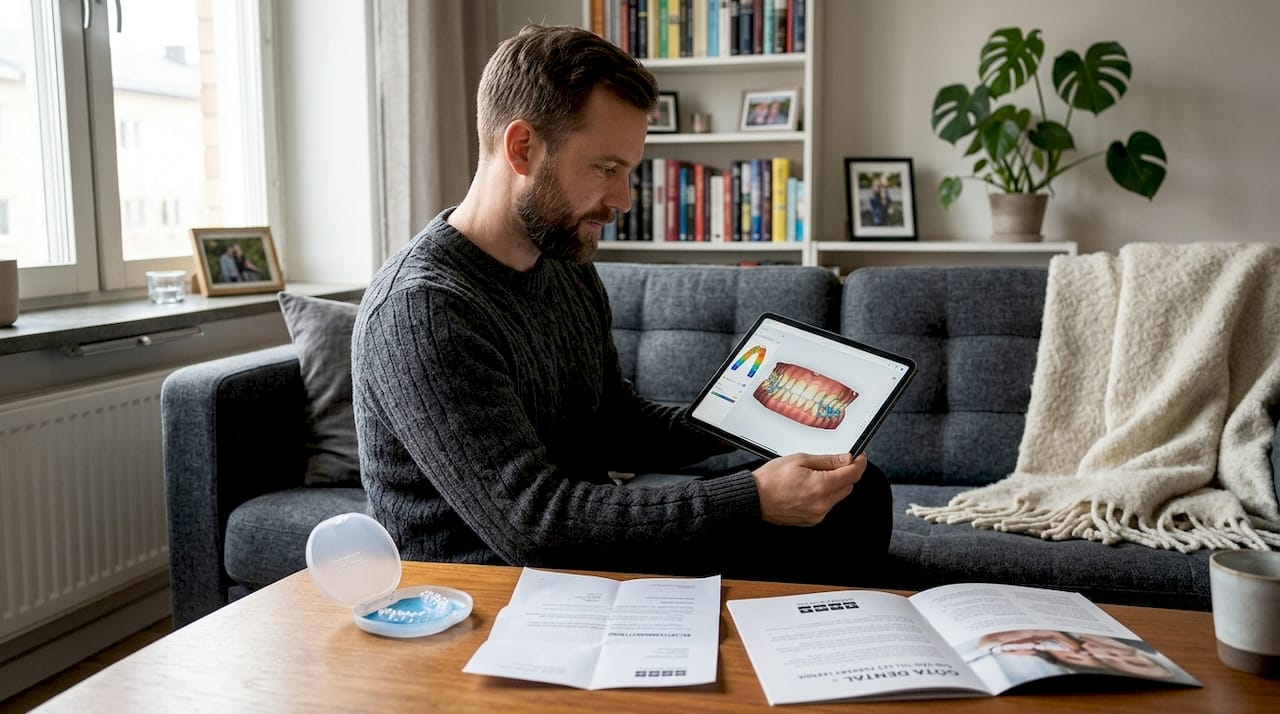 Man tittar igenom sin digitala tandställningsplan hemma i lugn och ro.