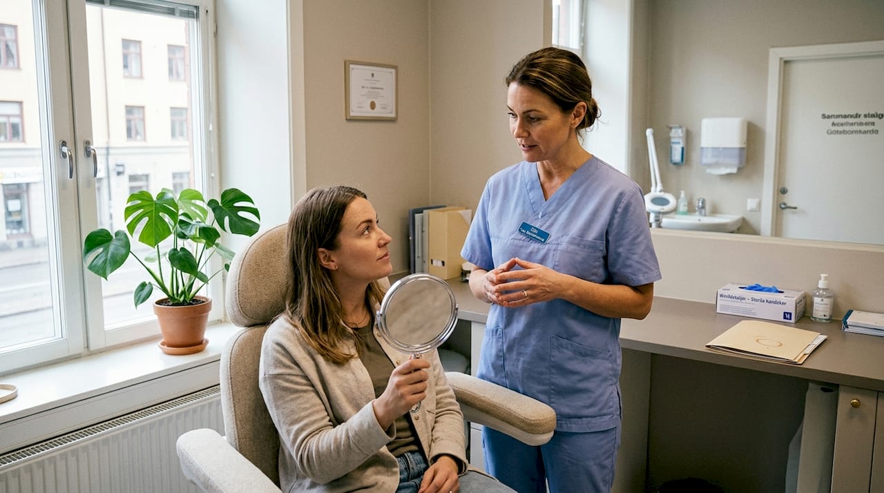 Sjuksköterskan och kunden sitter ner i behandlingsrummet och pratar om olika alternativ för fillers.