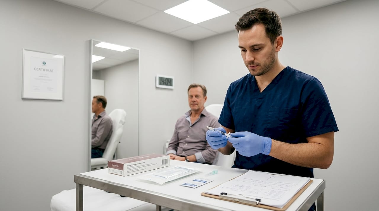 En behandlare förbereder filler inför en behandling i en naturlig klinikmiljö.