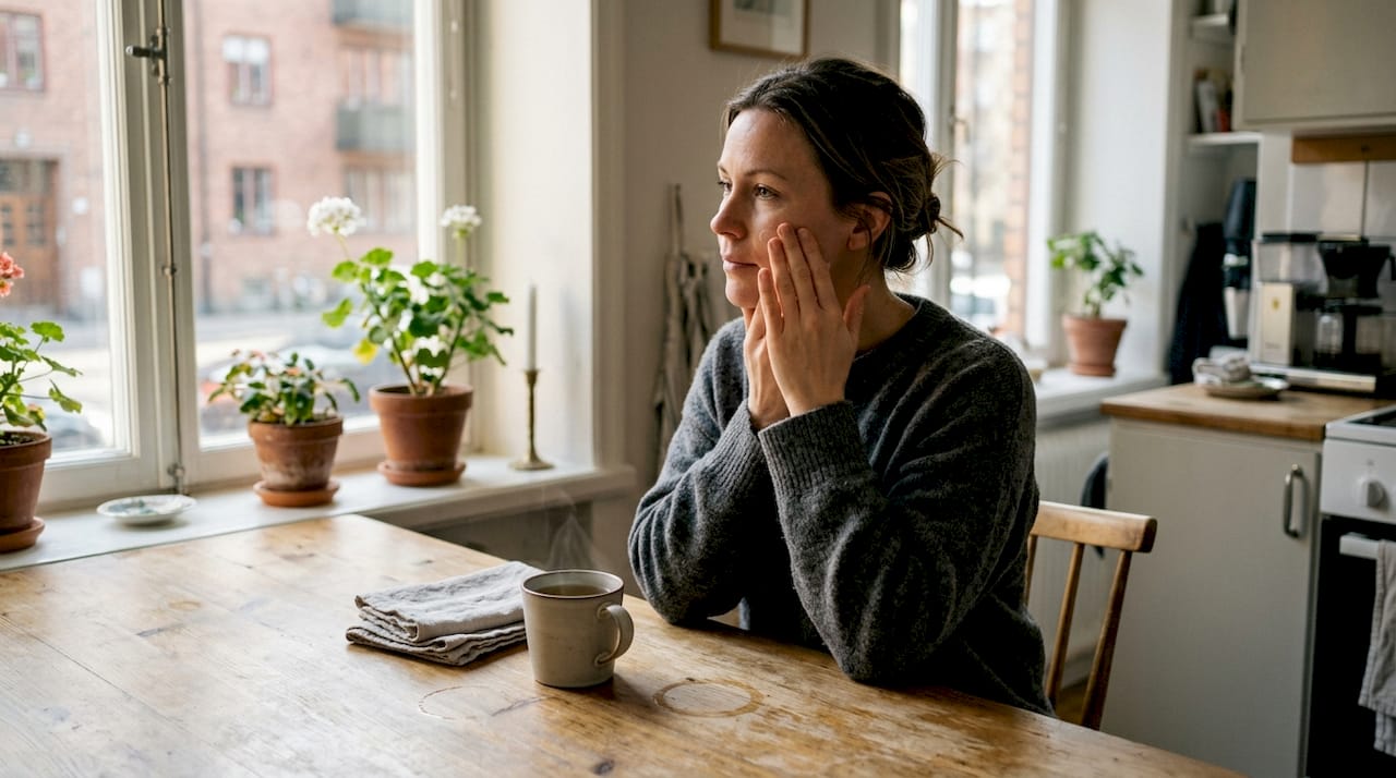 En kvinna sitter vid köksbordet och smörjer in ansiktet med ansiktskräm.