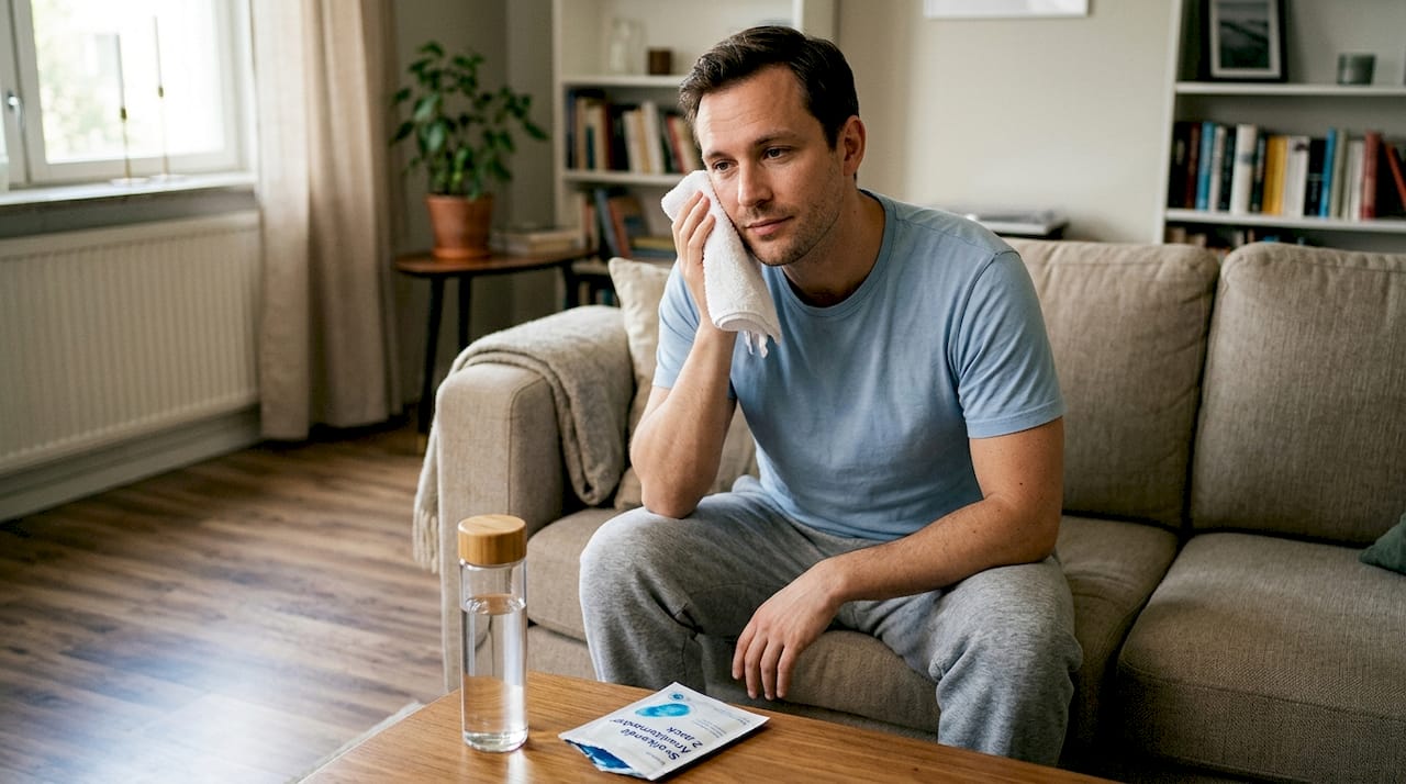 Efter behandlingen svalkar mannen kinden med en kylande handduk.