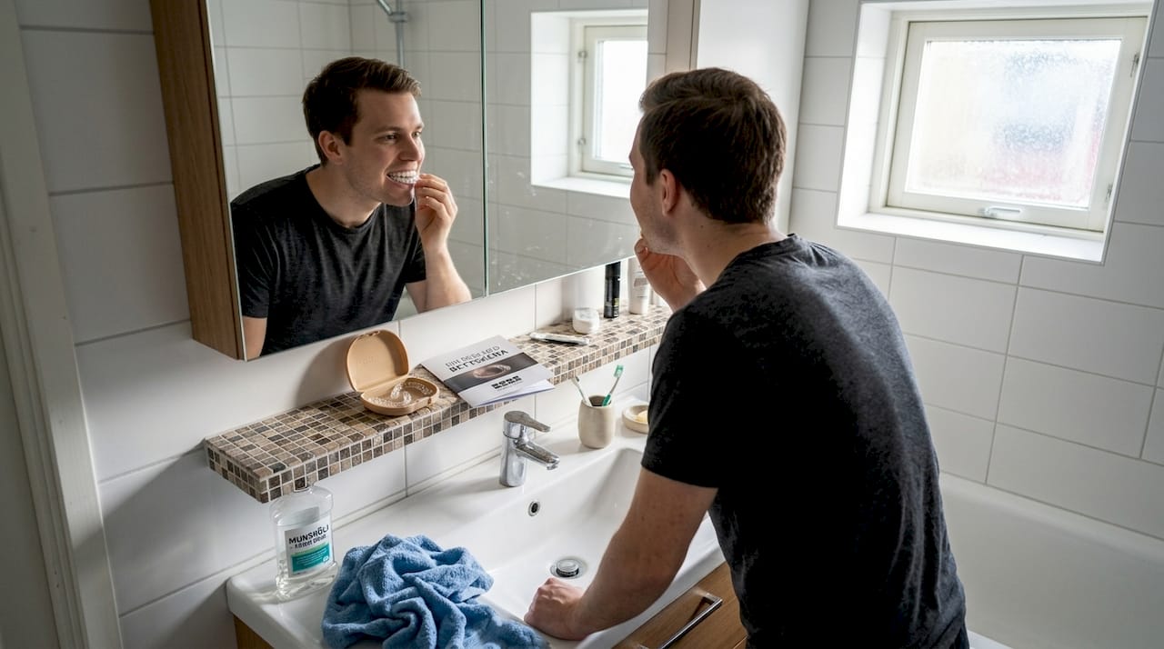 Står framför spegeln i badrummet och testar tandställningen