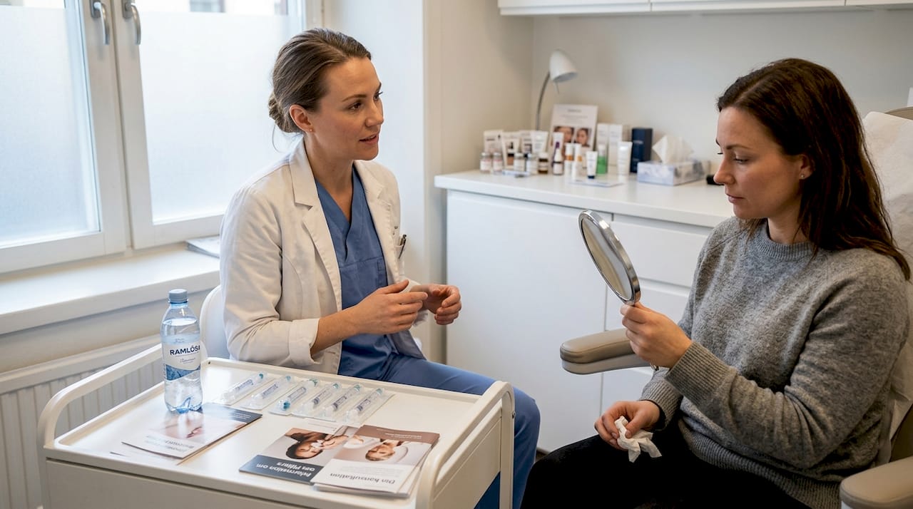 Sjuksköterskan ger rådgivning till patienten om ansiktsfillers och besvarar frågor kring behandling och resultat.