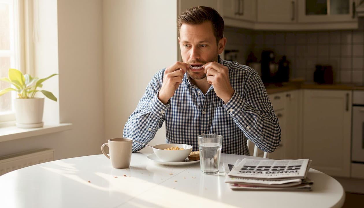 Innan man äter frukost tar man ut sin osynliga tandställning.