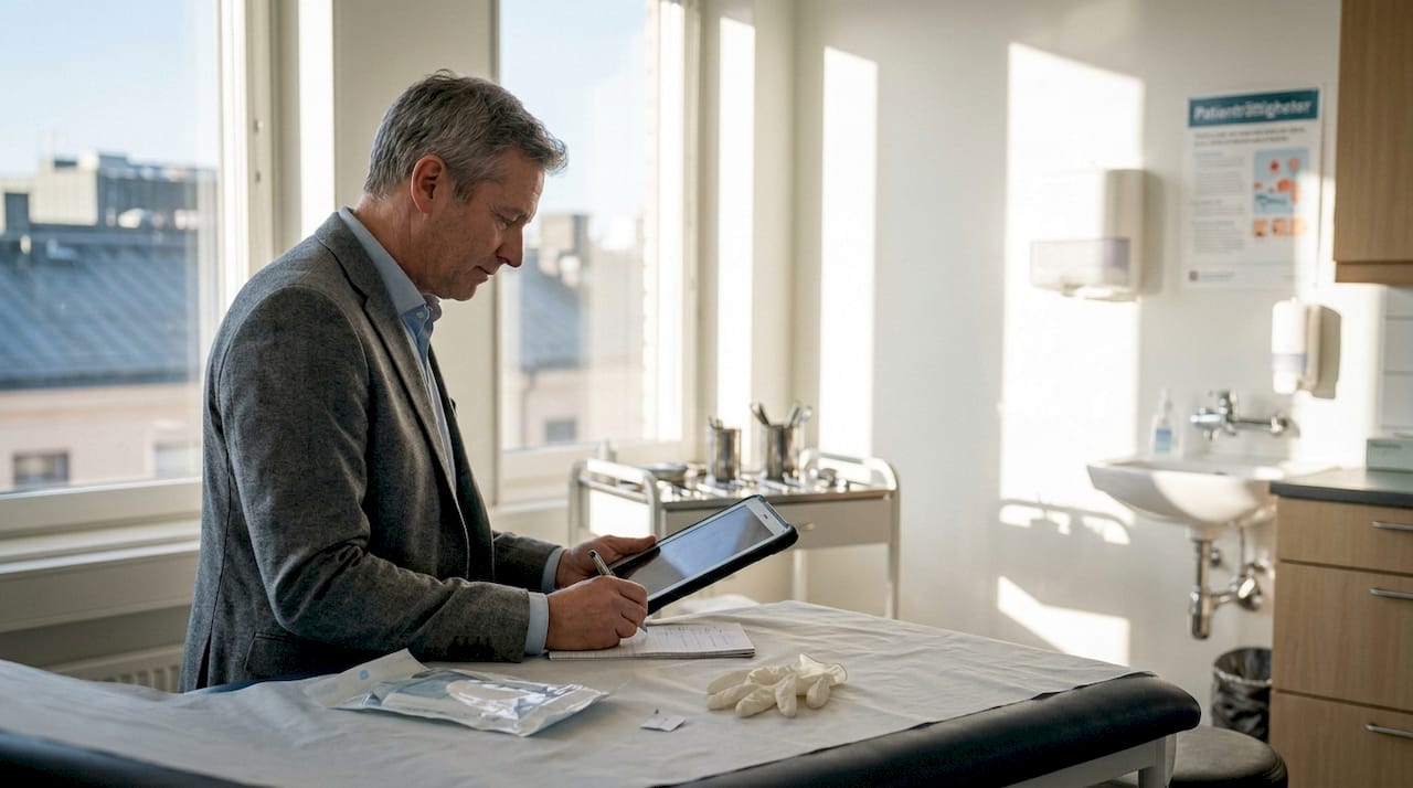 En läkare går igenom patientens journal på mottagningen.