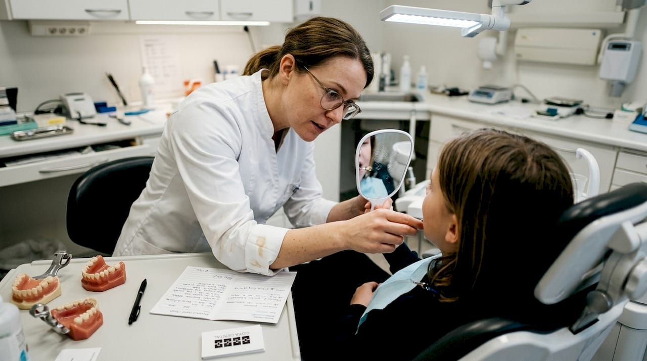Tandläkaren gör justeringar av en lingual tandställning