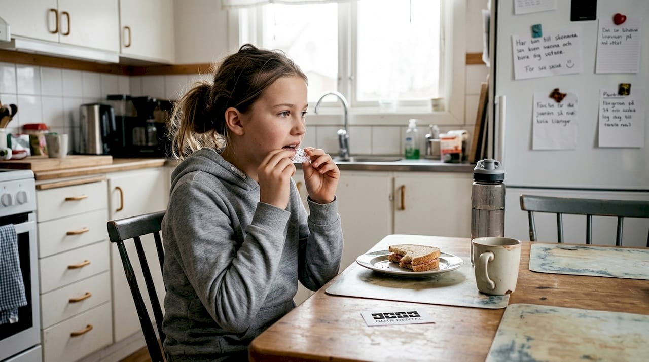 Ett barn sitter vid köksbordet och sätter in sin genomskinliga tandställning.