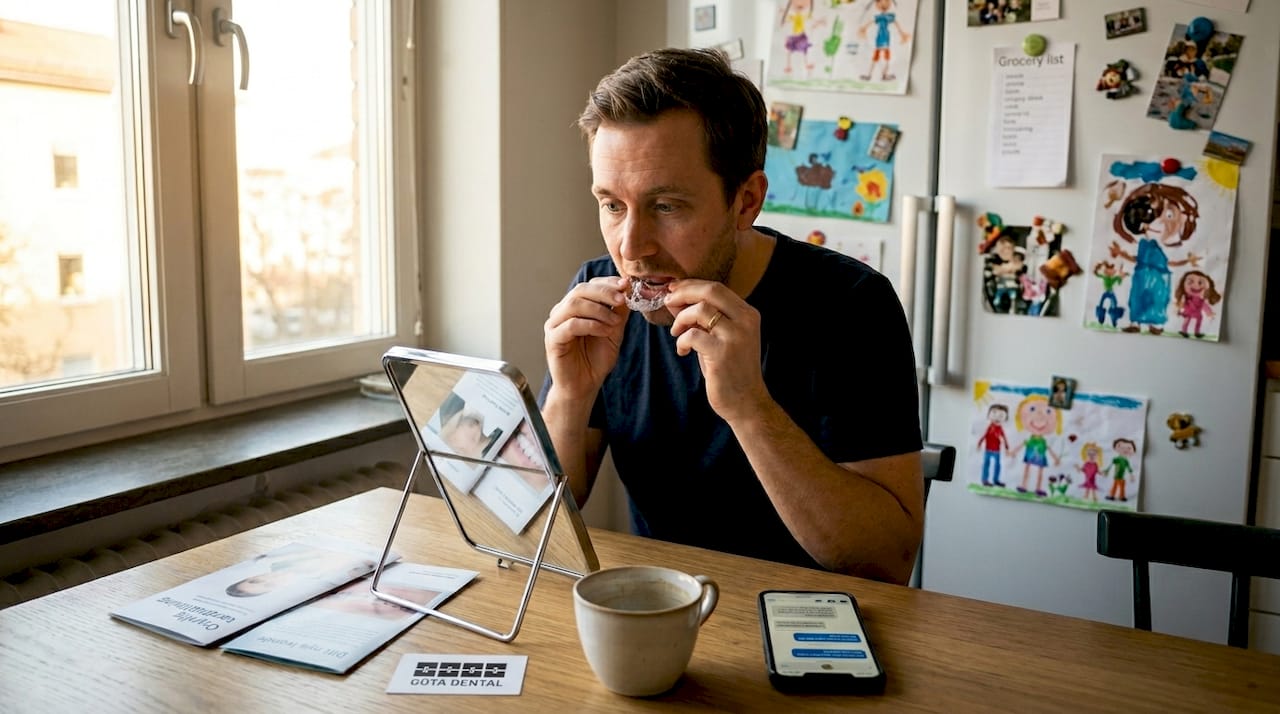 En vuxen testar sin nya tandställning hemma vid köksbordet.