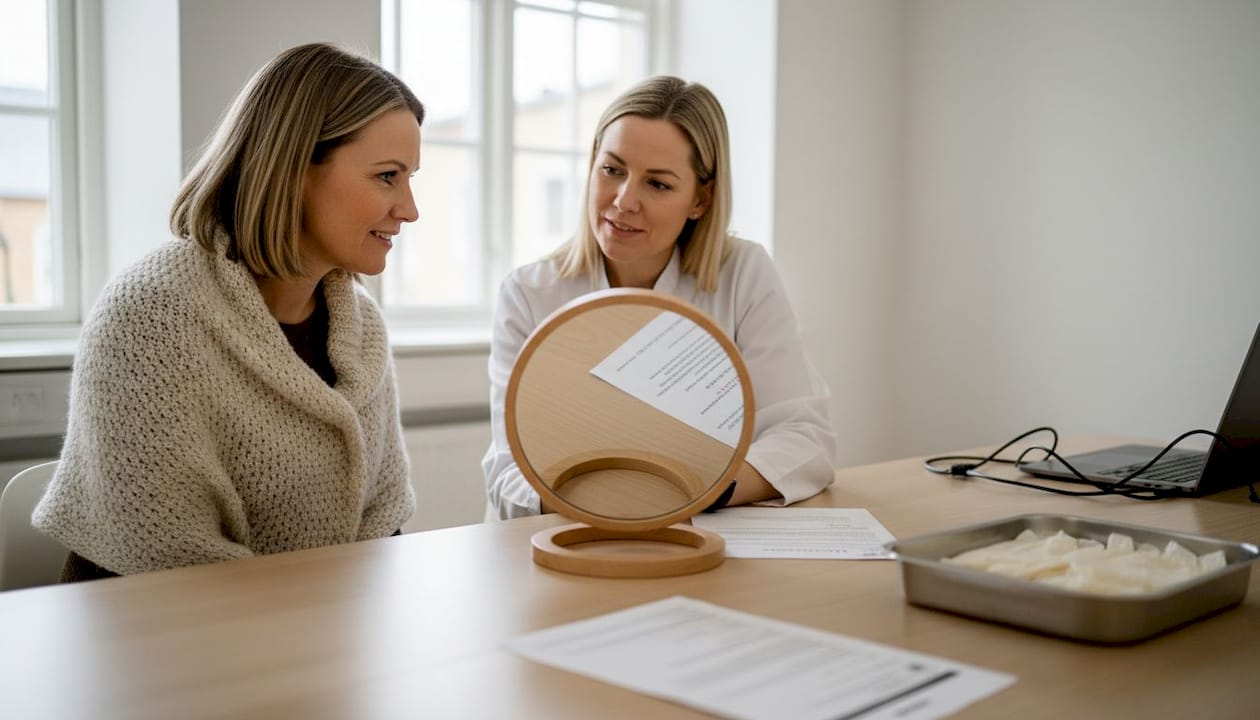 Patienten och klinikern diskuterar möjligheterna med en fillersbehandling.