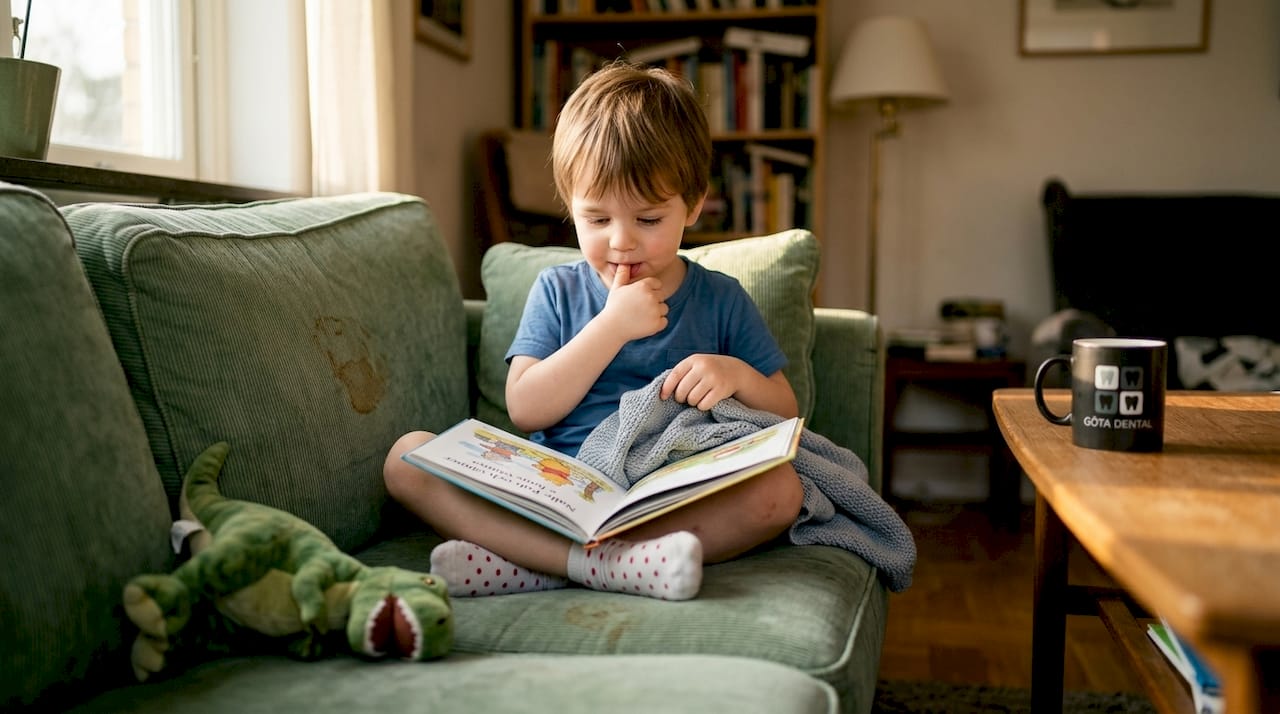 Ett barn sitter och suger på tummen i vardagsrummet.