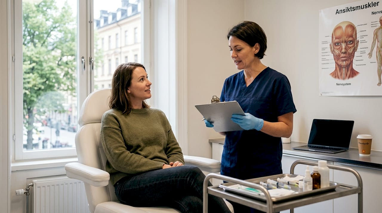 Sjuksköterska samtalar med patient inför en botoxbehandling