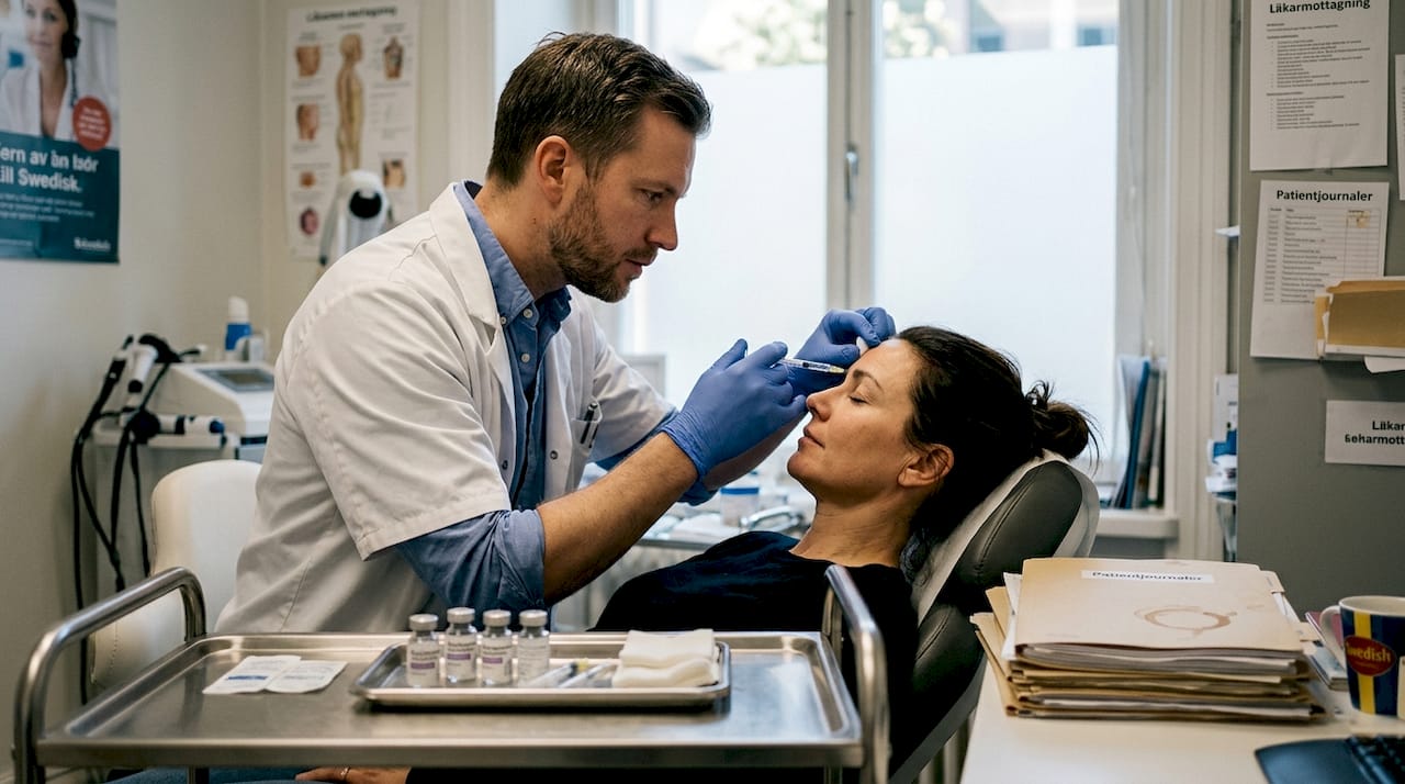 En läkare ger en botoxinjektion till en patient i ett litet behandlingsrum.