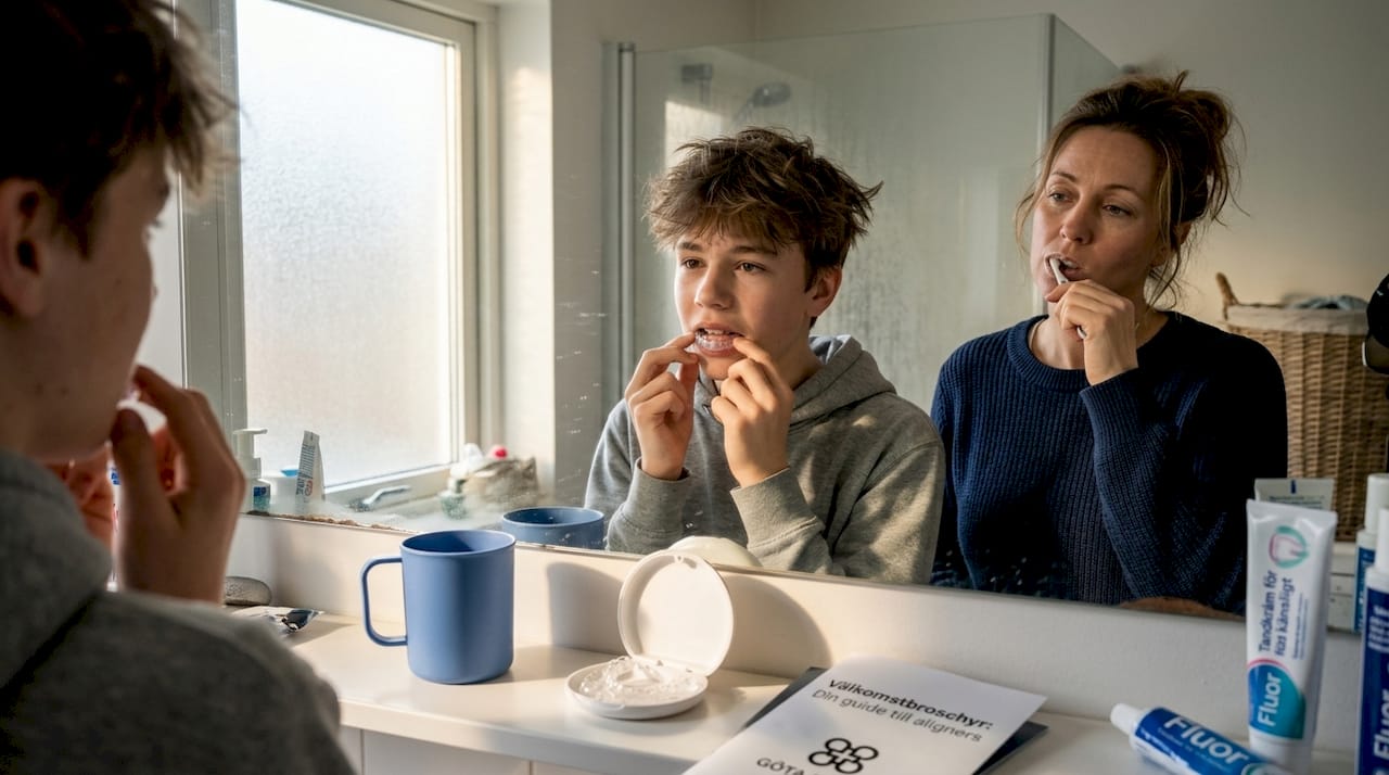 Både mamma och barn har valt en osynlig tandställning.