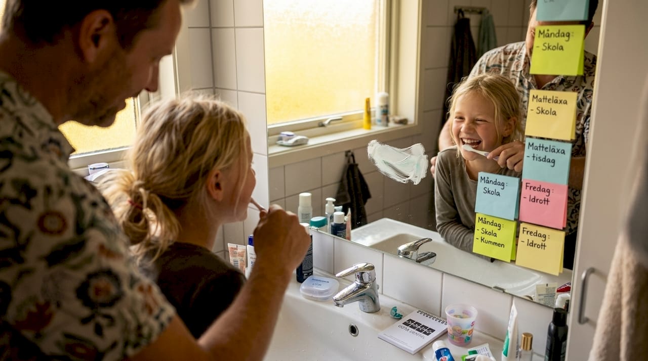 En förälder hjälper sitt barn att borsta tänderna hemma i badrummet.