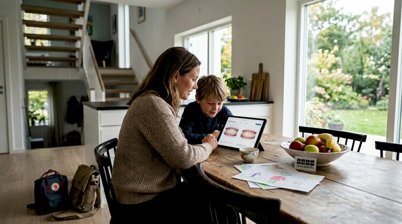 Familjen samlas runt köksbordet för att prata om hur tandställningen ska gå till.