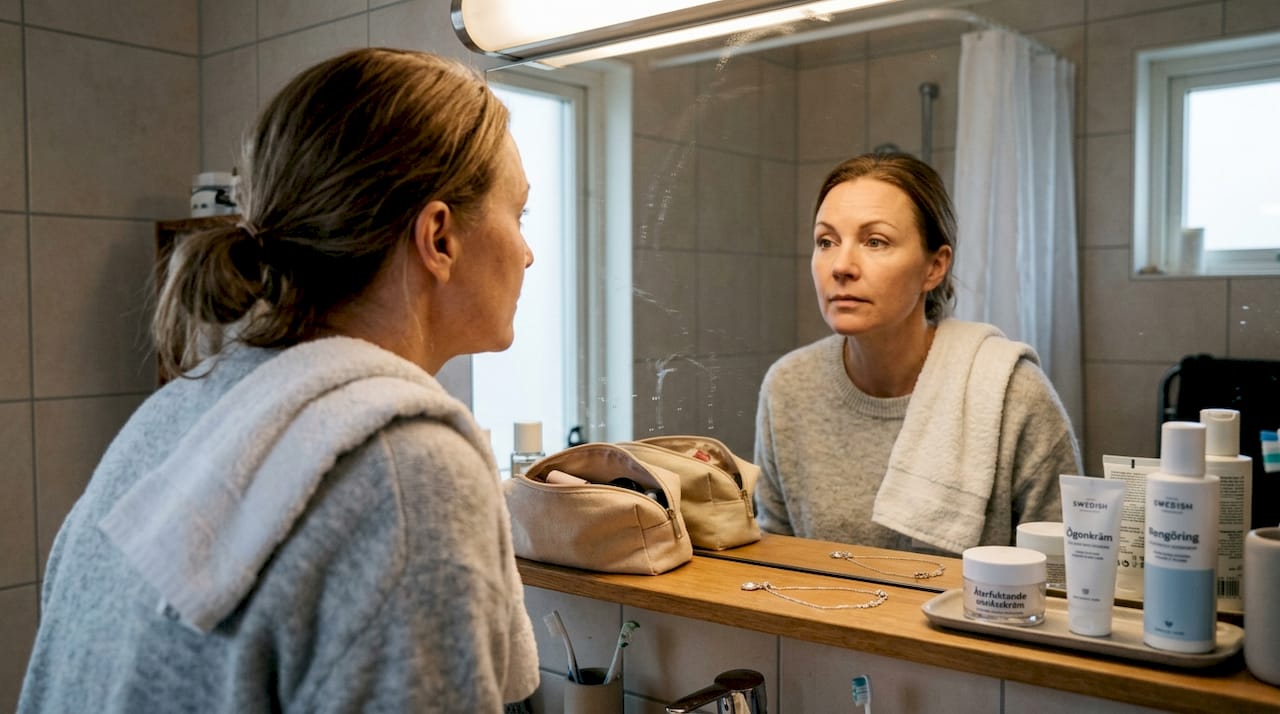 Kvinna utvärderar effekten av naturlig botoxbehandling hemma