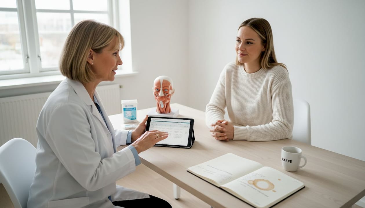 Läkaren och patienten pratar om möjligheten till en botoxbehandling.