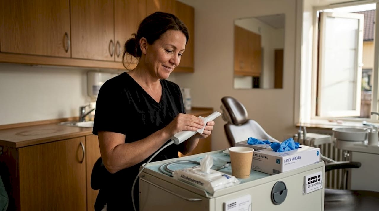 Tandsköterskan förbereder 3D-scannern inför undersökningen.