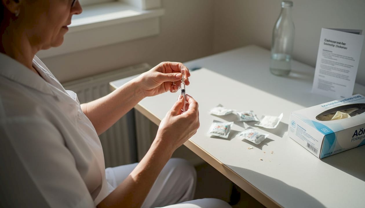 En kliniker förbereder en botoxinjektion inne på sitt behandlingsrum.