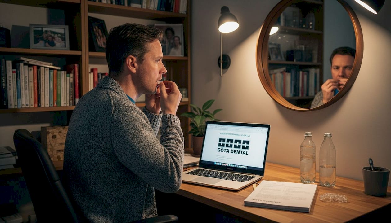 Vuxen fixar tandställningen själv hemma med osynliga skenor