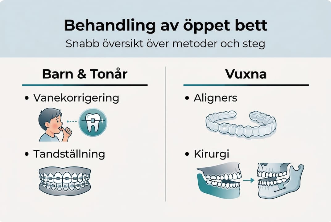 Illustration som visar olika behandlingsalternativ vid öppet bett