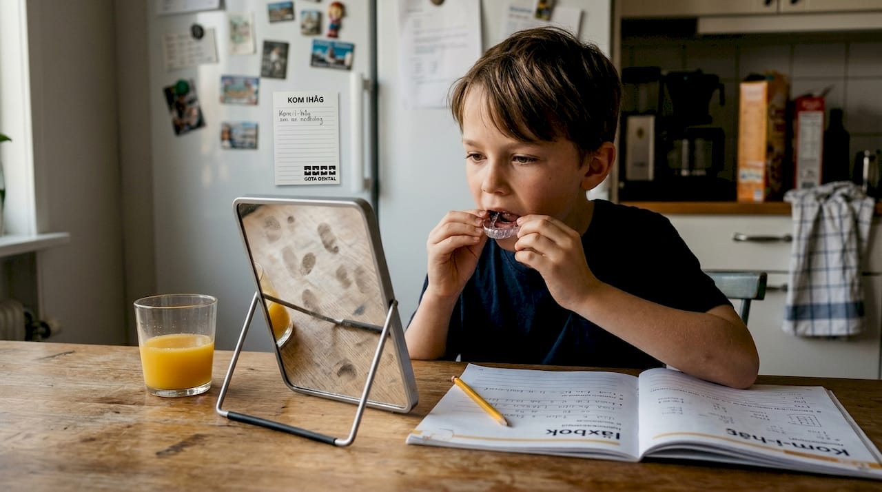 Barn tar av sig sina genomskinliga tandställningar när de är hemma.