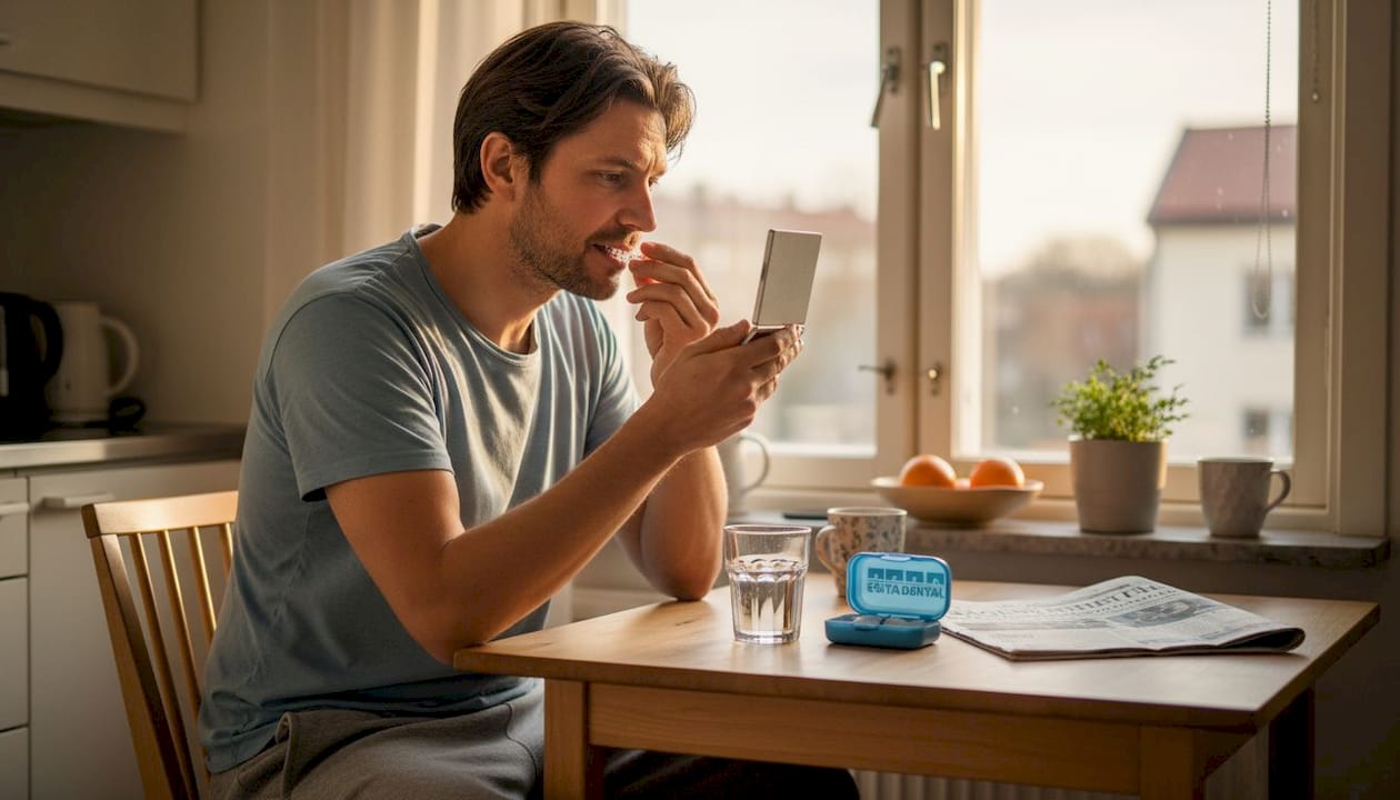 En vuxen sitter vid köksbordet och kollar på sin tandställning.