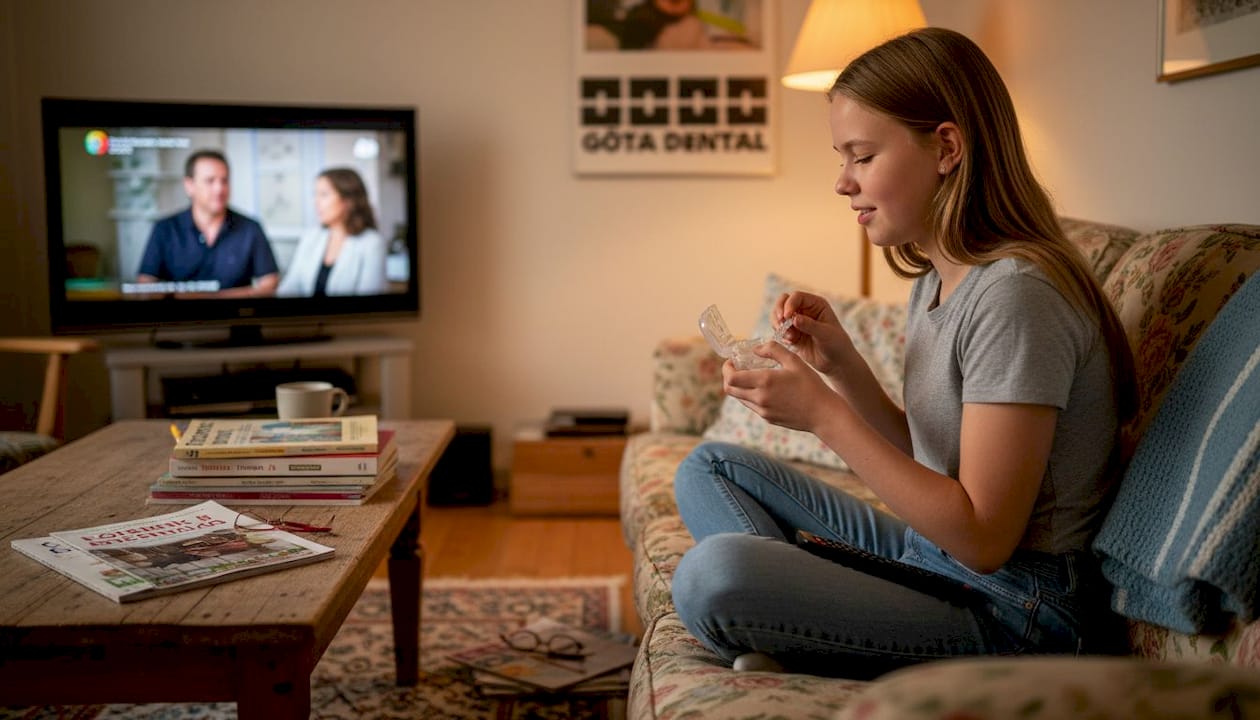 En tonårstjej sitter i soffan och kollar så att hennes tandställning sitter som den ska.