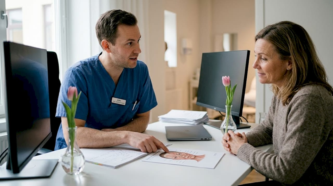 En estetisk sjuksköterska sitter ner vid skrivbordet och går igenom behandlingsalternativ tillsammans med en patient.