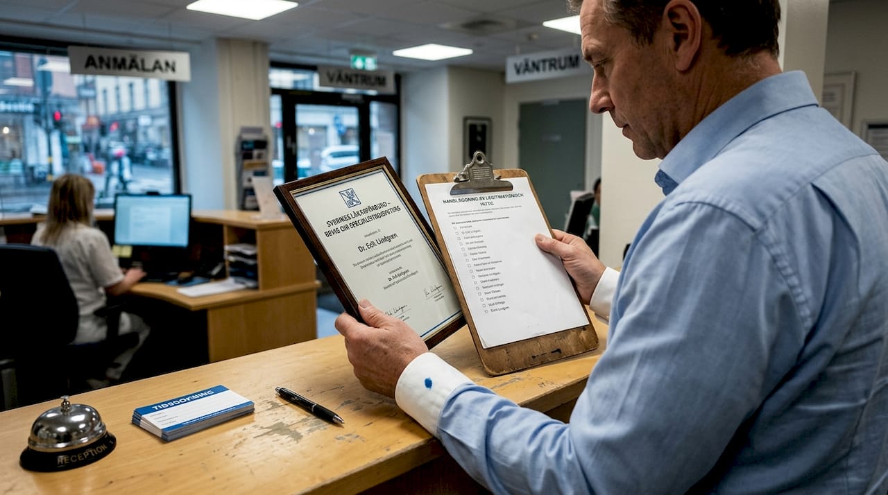 En av klinikens medarbetare granskar ett inramat intyg som står på receptionsdisken.