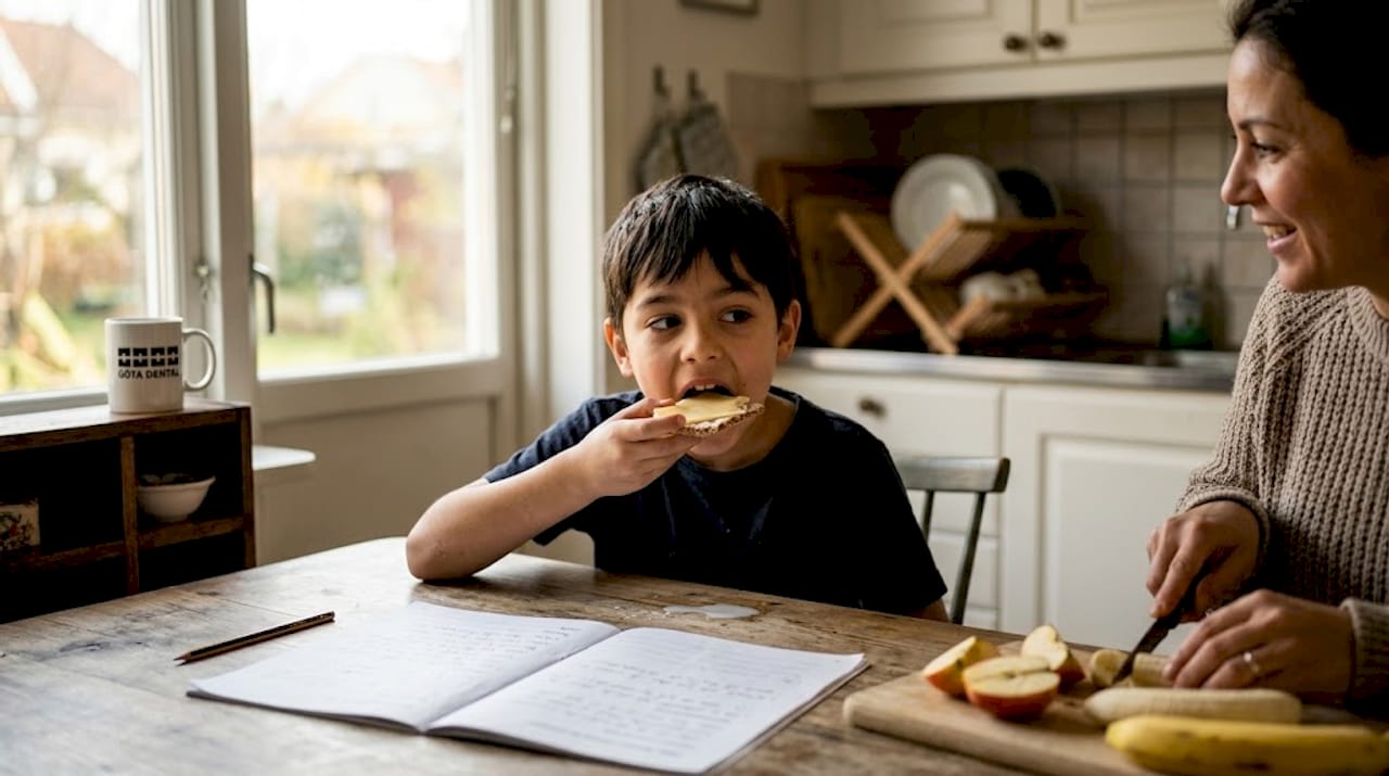 Vid köksbordet sitter barnen och tuggar försiktigt på maten.