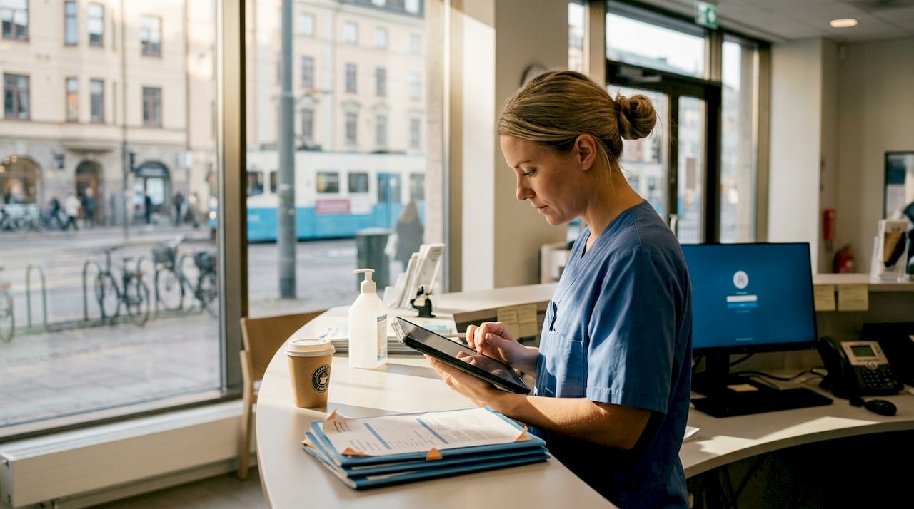 En sjuksköterska ser över rutinerna vid receptionen på kliniken.